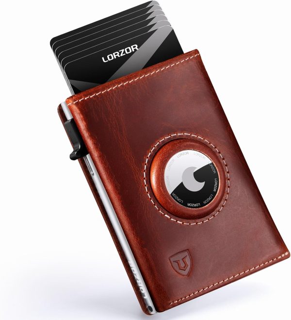 AirTag Wallet - Full Grain Leather Handcrafted, Mens Minimalist Wallet with Apple Air Tag Holder, Slim Smart Pop up Card Case, ID Window, RFID Blocking, Front Pocket (AirTag Not Included)