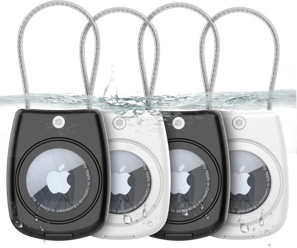 HATALKIN Compatible with Apple AirTag Holder, 4 Pack IPX8 Waterproof AirTag Secure Holder with Wire Cable Air Tag Lock Keychain Key Ring Holder Case Luggage tag for Keys, Luggage, Backpack