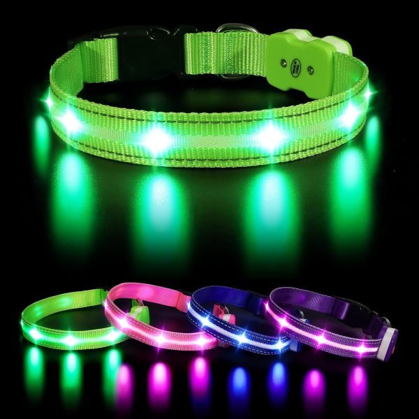 HZK Light Up Dog Collar, LED Glow Collar with USB Rechargeable Lighted Bright, Dog Flashing Collar Waterproof, 4 Colors with 3 Sizes for Small Medium Large Dogs - Green M