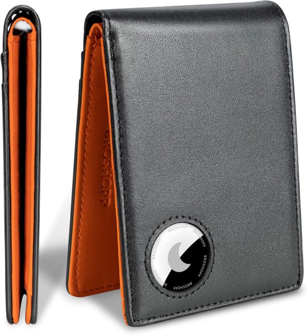 AirTag Wallet Men, Bifold Genuine Leather Rfid Blocking AirTag Wallet with Cash Slots ID Window, Compatible Apple Air Tag Holder